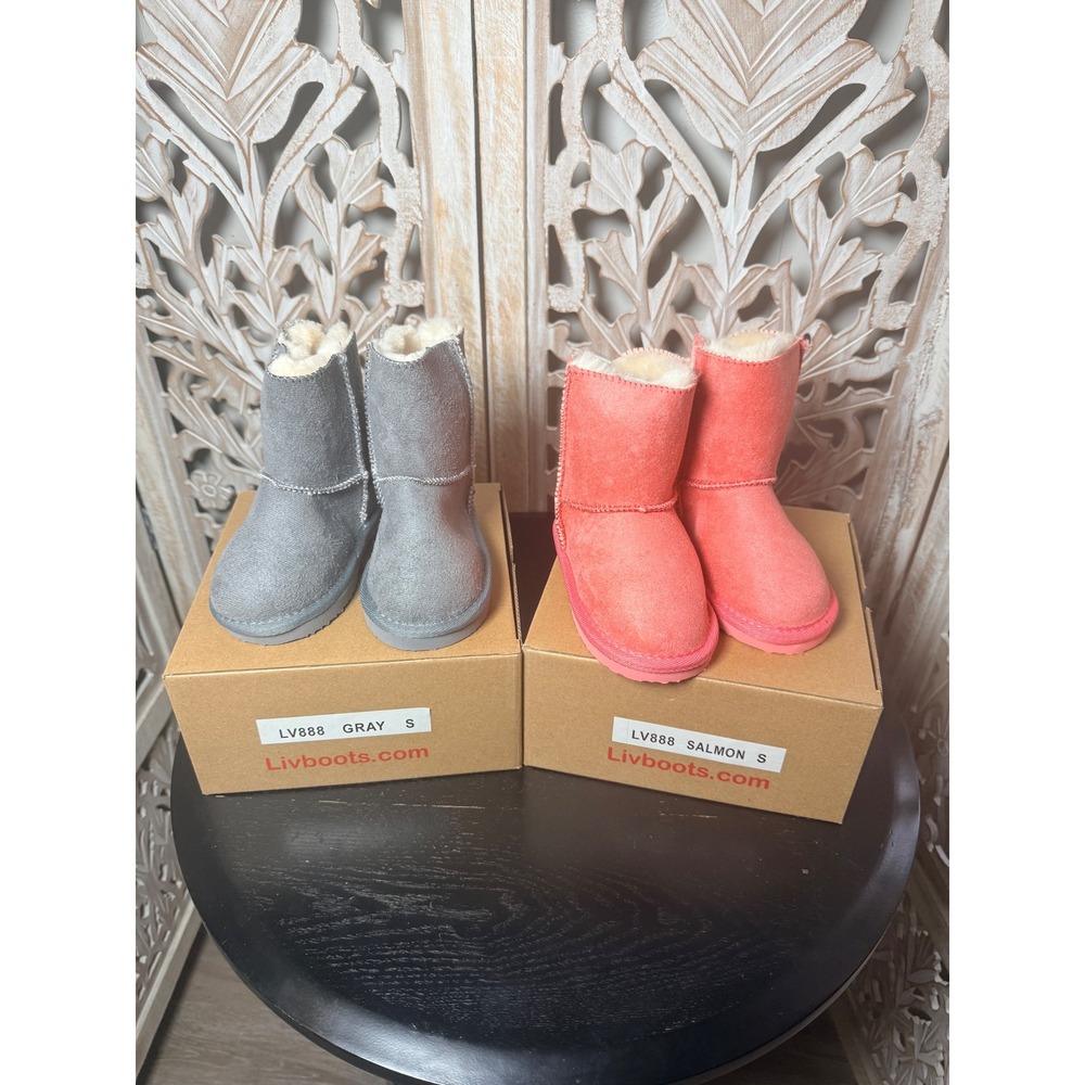 Liv Boots LV888 Kids Suede Shearling Winter Boots Gray Salmon Size S New - Picture 2 of 9
